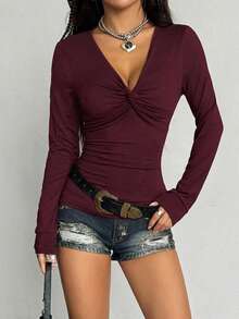 Flirla Autumn Fashion Solid Color Twist Knot V-Neck Short Sleeve T-Shirt - Burgundy - View 6