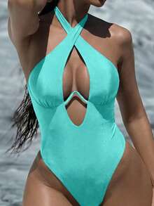 Swim SXY 女士性感纯色镂空交叉挂脖钢圈连体泳衣 - 淺藍色 - 查看 3