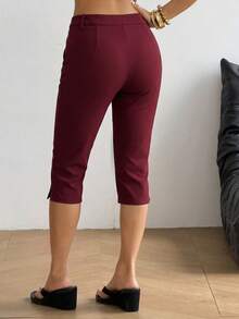 SHEIN EZwear 女款拉鍊純色直筒低腰針織七分褲 勃根地紅 夏季休閒 度假 登山 大學風 - 酒紅色 - 查看 2