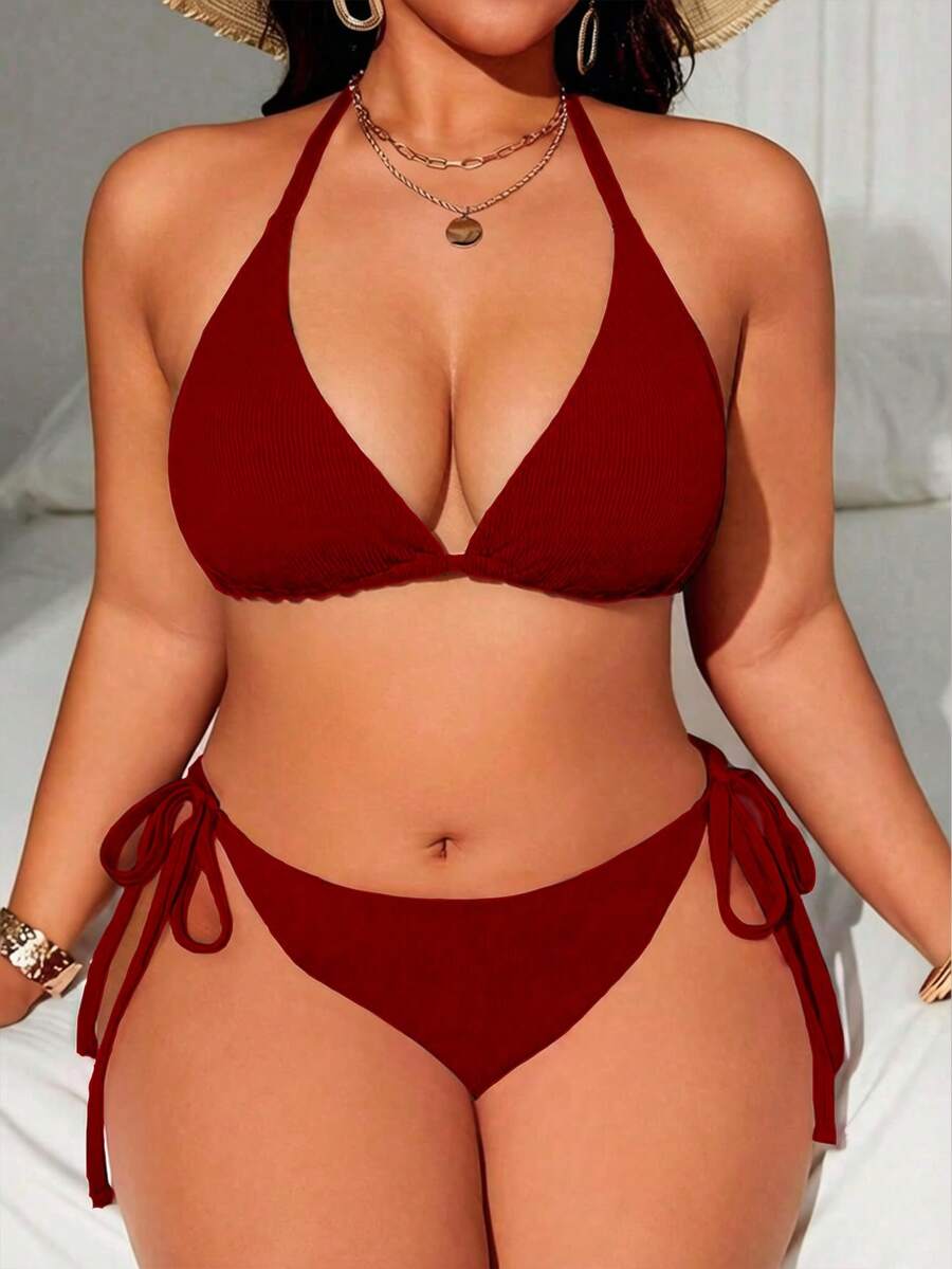 Swim Lushoire 大尺碼女款夏季海灘素色掛脖綁帶性感比基尼與三角泳褲泳衣套裝 - 酒紅色 - 查看 1