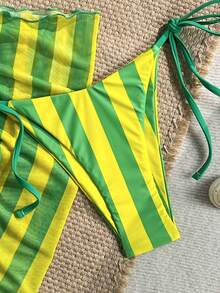 Swim SXY 3件組 春夏度假隨機印花金珍珠飾品掛脖三角比基尼上衣、側綁比基尼褲 & 裙子 女款性感比基尼泳衣套裝 - 彩色 - 查看 3