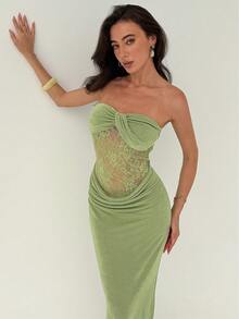 Glamine Vestido largo sexy para mujer de chica atractiva, verde, de punto, con torsión frontal, busto moldeador, cintura con empalme, bajo con volantes de encaje, adecuado para playa, Día de San Valentín, fiesta, ceremonia de graduación, evento de moda, carnaval, vacaciones, invitada de boda, cita, fiesta, concierto - Verde - Ver 5