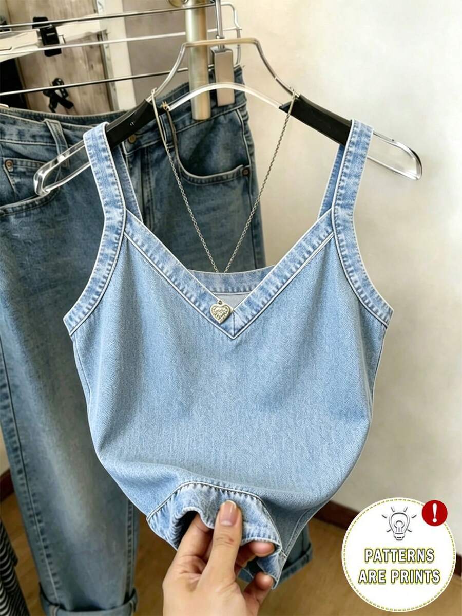 Rovax 女款夏季休閒牛仔效果印花V領細肩帶上衣 - 彩色 - 查看 1