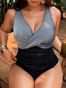 Swim Lushoire Plus Size Women's V-Neck Striped Color Block Ruched One-Piece Swimsuit, Suitable For Beach Vacation, Pool Party, Beach Party - Black and White - View 4