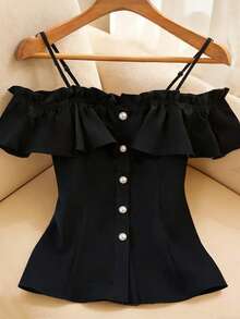 GlowEve Blusa casual y elegante de mujer con decoración de botones y ribete de volantes, para verano - Negro - Ver 1