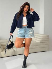 SHEIN EZwear Women's Plus Size Navy Blue Casual Everyday Single-Breasted Jacket Fall - Navy Blue - View 4