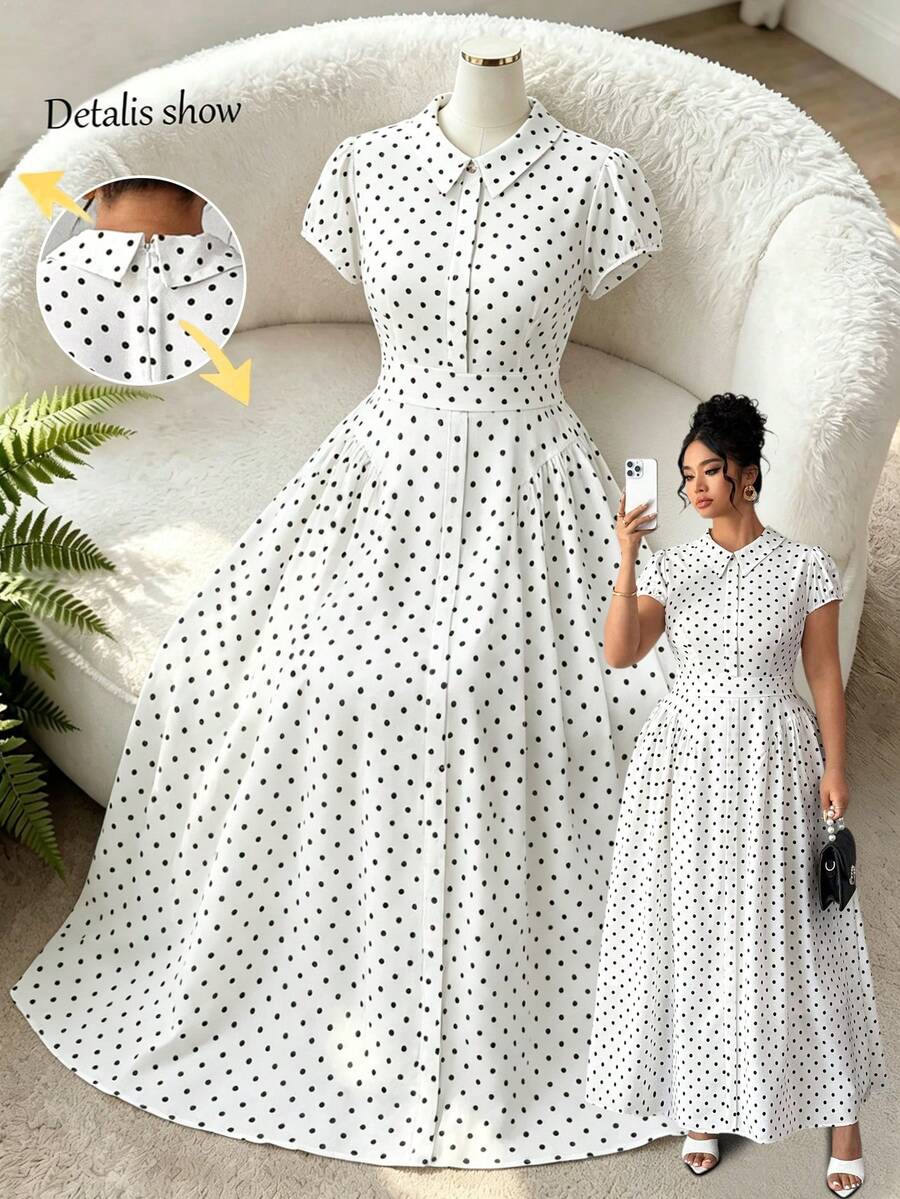 Elenzga Gaun Maxi Wanita Ukuran Besar Motif Putih Berkerah dengan Kancing Depan, Gaun Pesta Teh Liburan Piknik Musim Panas Model A-Line Retro Elegan, Lengan Lentera Berlipit - MultiWarna - View 1