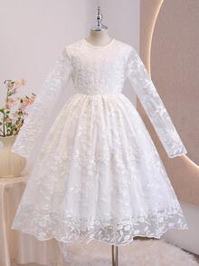 少女白色長袖刺繡網紗洋裝，輕盈柔軟面料，適合度假、畢業、返校、婚禮季、正式場合及各種派對活動 - 白色 - 查看 2