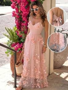 SHEIN PariChic 浪漫花卉网纱长裙，适合生日、婚礼宾客、新娘礼服等场合 - Sugar Pink - 查看 4