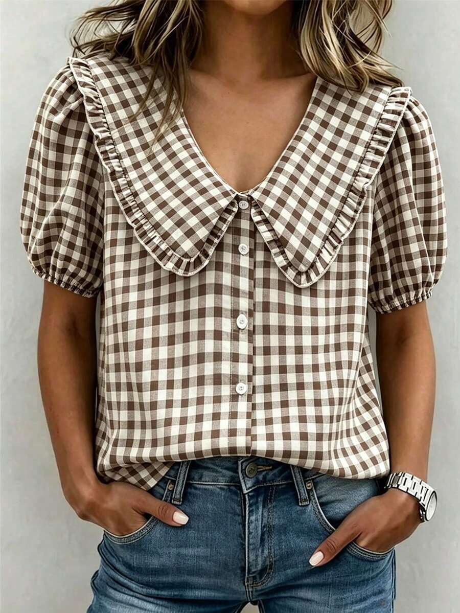 SHEIN 時尚休閒百搭彼得潘領泡泡袖單排扣寬鬆女款襯衫 - 彩色 - 查看 1