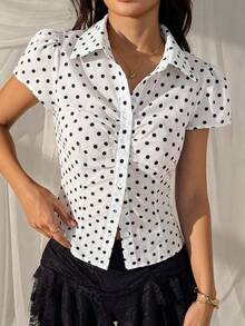 SHEIN EZwear White And Black Polka Dot Woven Polka Dot Fitted Women's Shirt Everyday Date Summer French Victorian Vintage - White - View 5