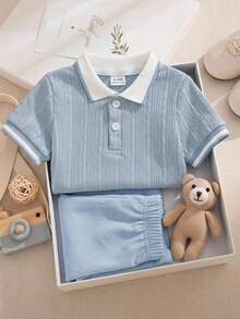 Souflis Souflis 2pcs/Set Baby Boys' French Style White Short Sleeve Shirt And Navy Shorts Set, Suitable For Spring/Summer, Vacation, School And Other Occasions - Blue - View 3
