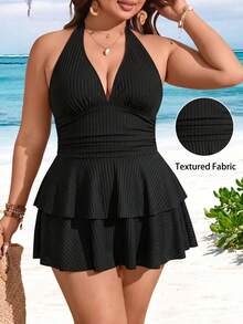 Swim Lushoire Traje de baño de 2 piezas con vestido de falda acampanada con volantes, cuello en V y halter ancho acanalado, talla grande, para primavera/verano 2026 - Negro - Ver 1