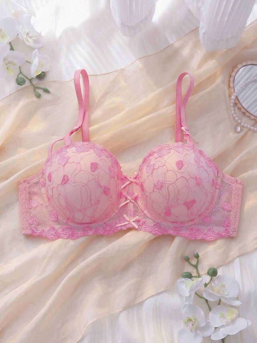 DelicateAllure Innocent Boudoir Sweet Embroidered Lace Cup Women's Bra - Pink - View 1