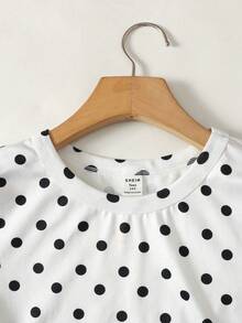 SHEIN Serisse Kids 少女夏季新款黑白波点印花紧身短袖T恤和宽松长裤两件套，休闲日常时尚 - 黑與白 - 查看 4