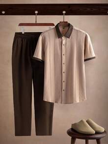 Core Aspect Men's Knit Textured Short Sleeve Shirt + Solid Color Pants 2-Piece Set, Vintage Style Two Pieces, Essential Daily Commute Outfit - Khaki - View 1