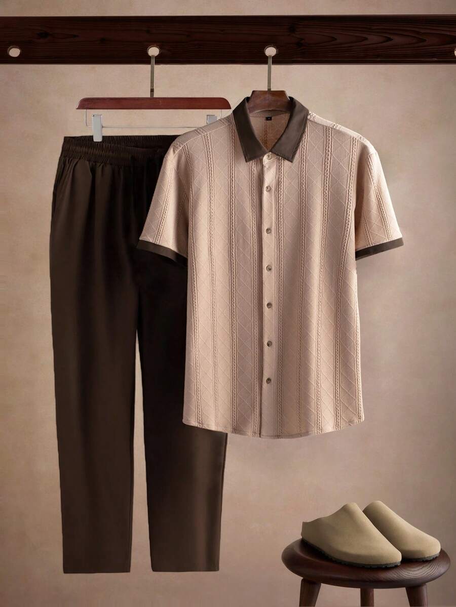 Core Aspect Men's Knit Textured Short Sleeve Shirt + Solid Color Pants 2-Piece Set, Vintage Style Two Pieces, Essential Daily Commute Outfit - Khaki - View 1