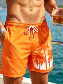 Surfspeed Men's Drawstring Waist Coconut Tree Print Casual Beach Shorts Holiday / Vacation / Beach / Hawaii / Tropical / Swim /  Bathing - Orange - View 4