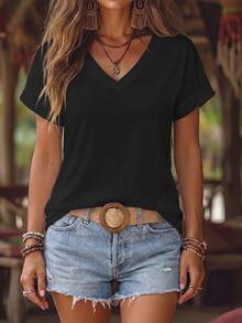 EMERY ROSE V-Neck Solid Color Casual Loose Summer T-Shirt - Black - View 1
