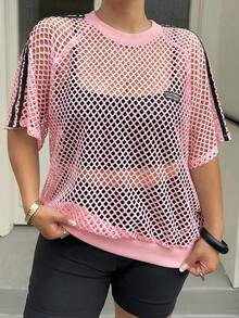 Muchica Frühling/Sommer Neu Lässig Musikfestival Schulanfang Abschlussfeier Urlaub Streetstyle Store Besuch Mehrfach-Anlass Tragen Oberbekleidung Innenschicht Gerippter Strick Rundhals und Saum Patchwork Großer Netzstoff Ausgeschnitten Sportlich Gestreift Locker Große Größen T-Shirt - Pink - Übersicht 4