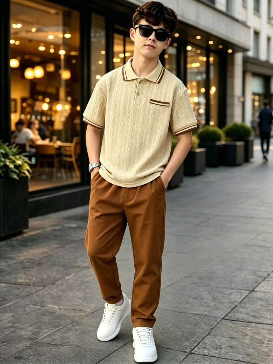 SHEIN 2件組大男孩韓系清新學院風扭紋絎縫紋理短袖POLO衫+休閒長褲套裝,適合居家、生日派對、參加晚宴、表演、婚禮、滿月、洗禮、一周歲、開學 - 杏色 - 查看 1
