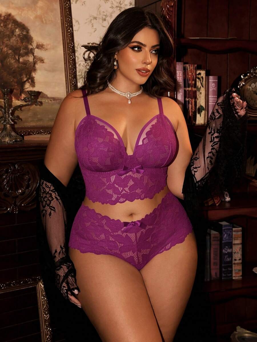 Divavoom 2pcs Set Sexy Plus Size Women Lace Lingerie Set - Purple - View 1