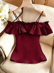 GlowEve Women's Simple Solid Color Ruffle Trim Front Button Off Shoulder Blouse, Summer - Burgundy - View 2
