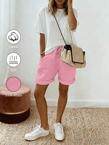 SHEIN Holidaya 女款夏季新款棉麻休閒抽繩捲邊短褲，採用棉麻紋理面料，搭配彈性腰抽繩設計與捲邊細節，呈現隨興且時尚的造型，適合日常出遊、度假或輕便休閒場合，是休閒抽繩短褲類別中的百搭單品，卡其色優質褲款，寬鬆顯瘦長褲 - 粉色 - 查看 6