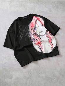 ROMWE MEN Anime Camiseta de manga corta con estampado, de corte holgado y caída de hombros para hombre - Negro - Ver 6