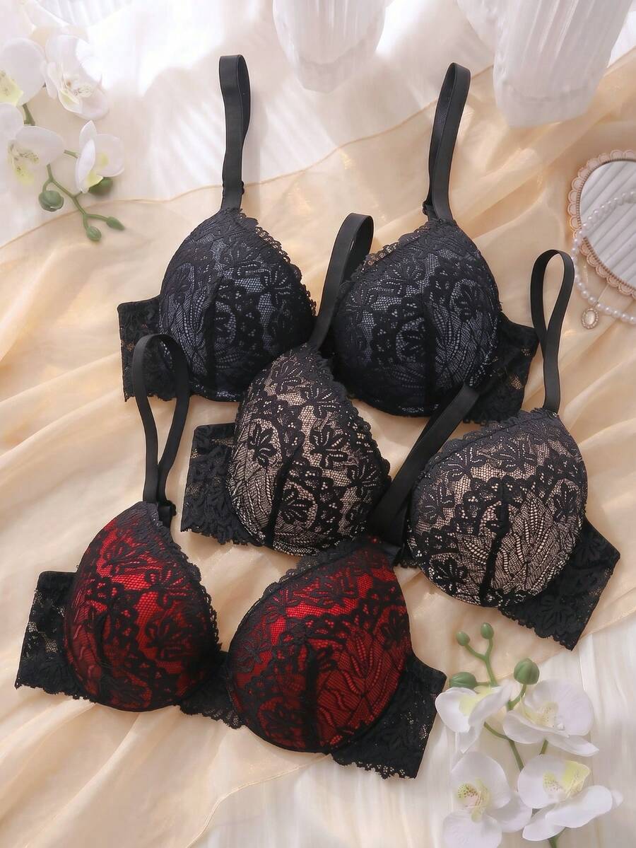 DelicateAllure 3件套性感蕾丝内衣套装 - 彩色 - 查看 1