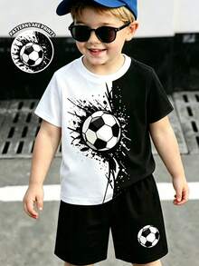 Young Boys 2-Piece Set Sports Fashion Cool Soccer Splatter Color Block Design Printed Short Sleeve T-Shirt And Soccer Printed Shorts Set Suitable For Outings In Summer - Multicolor - View 1