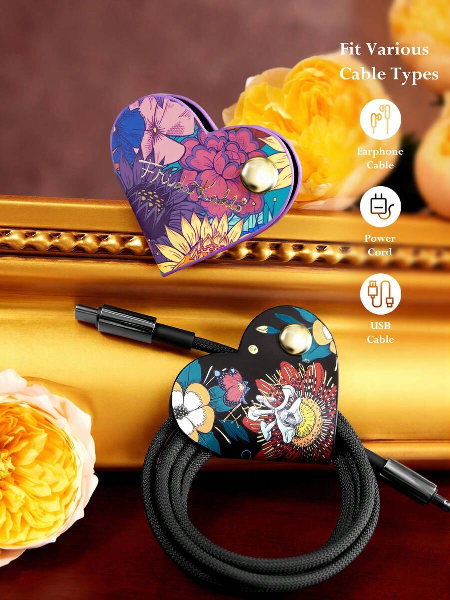 Frida Kahlo X SHEIN 2pcs PU Leather Cable Organizer Bag With Logo, For Organizing Power Cords, Data Cables, Headphones, Etc., With Metal Buckle For Easy Use, Suitable For Students For School, Mexican Style, Art Floral, Artist, Frida - Multicolor - View 1