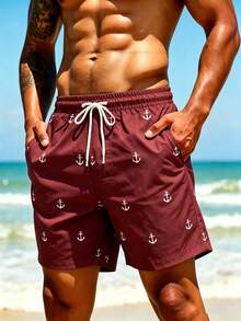 Manfinity KASUA Men's Summer Beach Vacation Style Full Print Anchor Drawstring Waist 2 In 1 Beach Shorts, Holiday - Coffee Brown - View 4