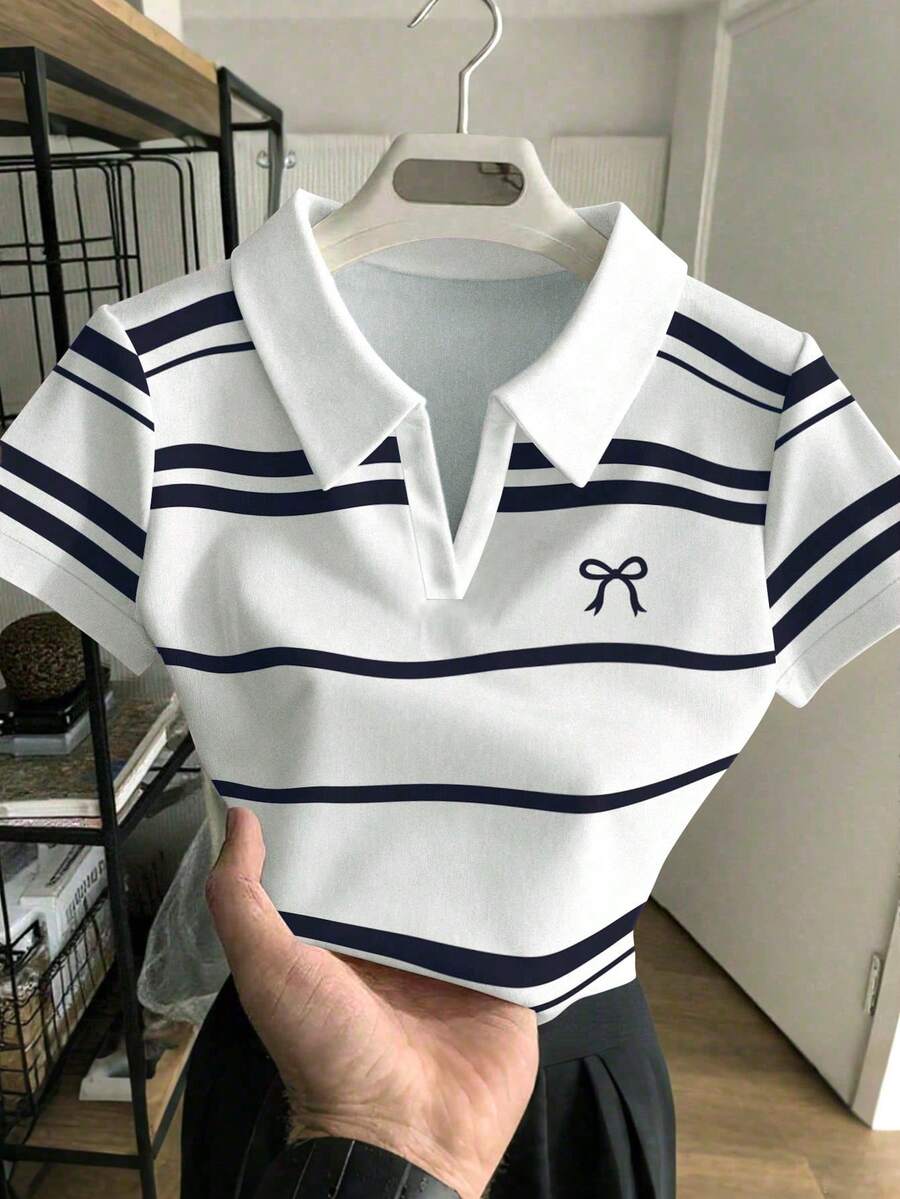 INAWLY 美式馬術小標誌條紋印花T恤,女款短版收腰對比色領 Polo 衫 - 彩色 - 查看 1