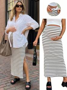 SHEIN Maternity Adjustable Waist Striped Casual Skirt Fall - Khaki - View 1