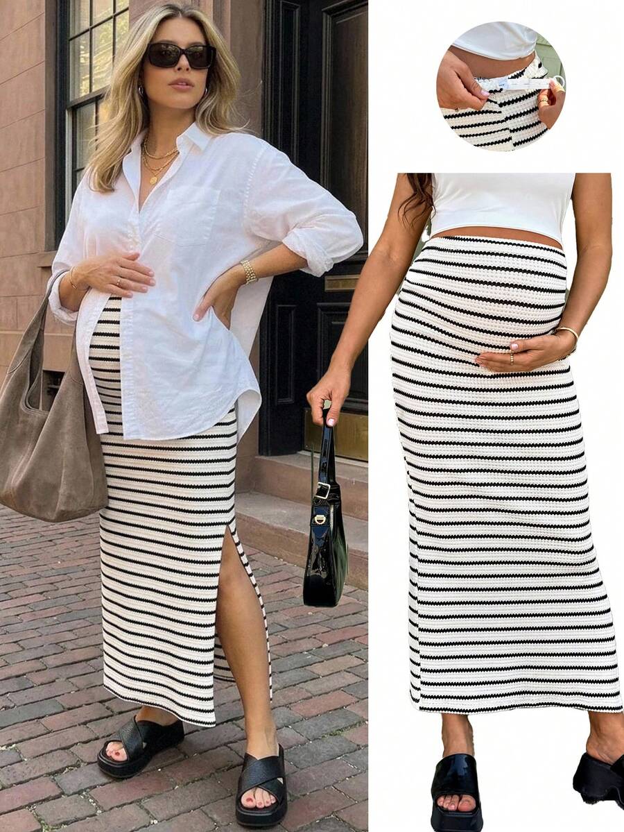 SHEIN Maternity Adjustable Waist Striped Casual Skirt Fall - Khaki - View 1