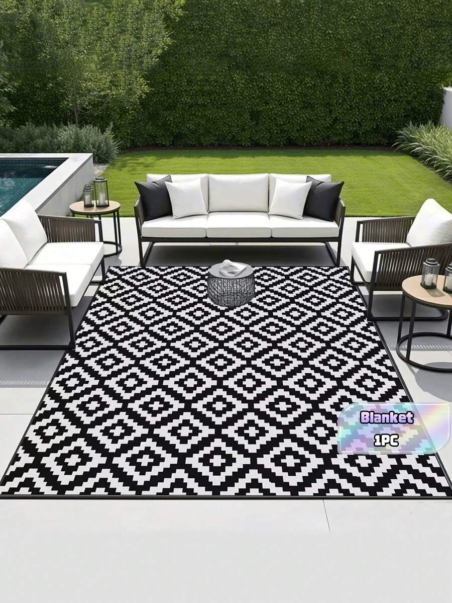 1PC, Waterproof Outdoor Carpet, Reversible Plastic Straw Terrace Carpet, Suitable For Camping, Outdoor RV Mats, Indoor And Outdoor Carpets For Porch, Deck, Backyard, Campers, Balconies, Picnics, Black And White - multicolor - View 1