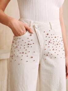 Anewsta Women's Summer White Denim Jeans, Fashionable Casual Contrast Rhinestone Shiny Pants - White - View 6