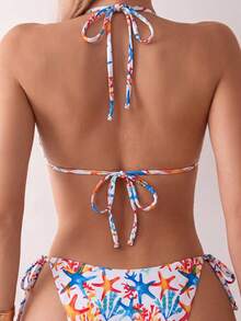 Swim Vcay 2026 Spring/Summer Women's Spaghetti Strap Halter Neck Black With White Polka Dot Random Print Sweet Cute Side Tie String Thong Bikini Swimwear Two Pieces Set - Multicolor - View 2