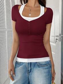 Zavorell Color Block Patchwork Design Fitted T-Shirt - Burgundy - View 6