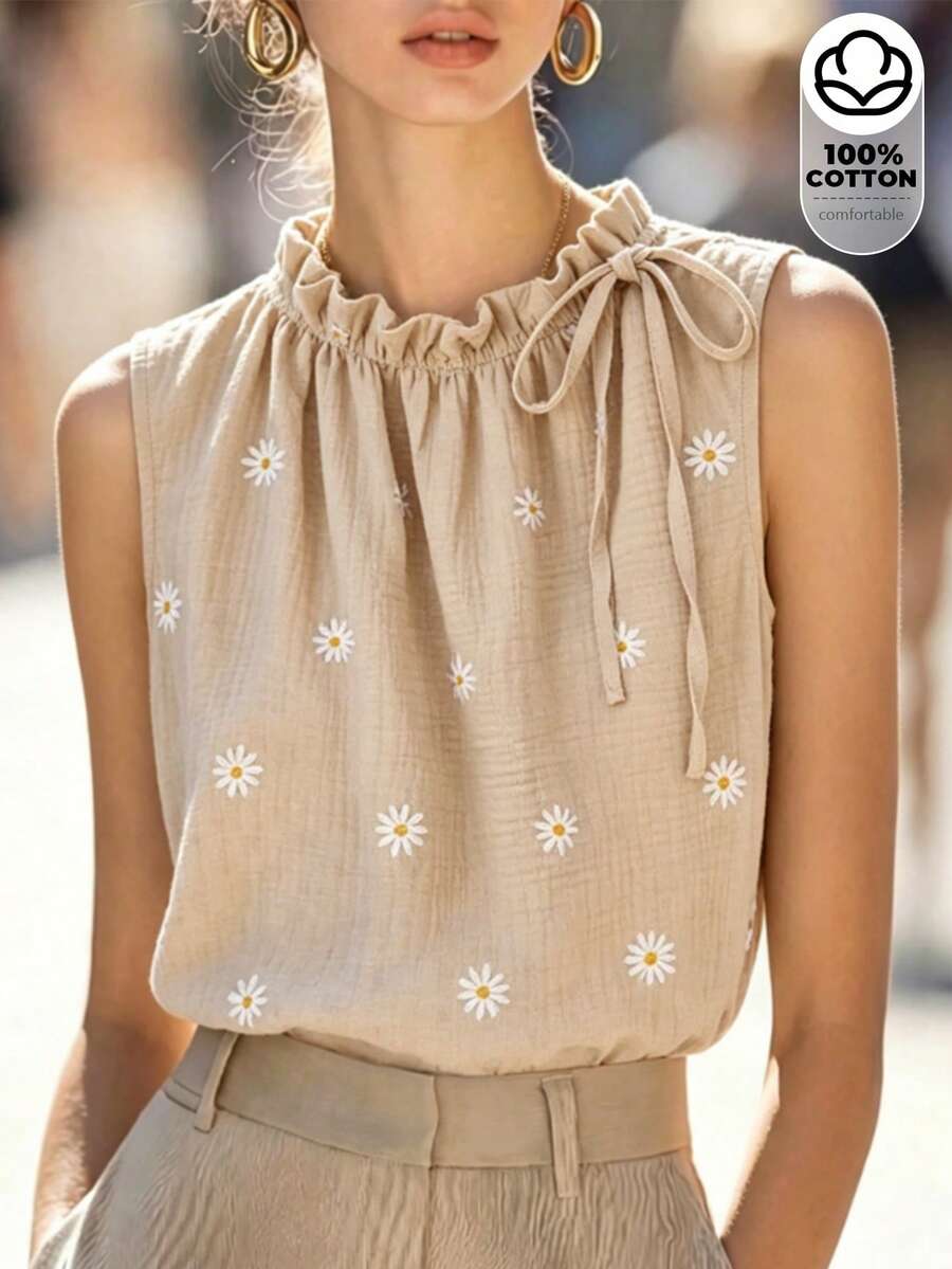 SHEIN 女士休闲碎花无袖上衣,荷叶边领口,夏季 - 卡其色 - 查看 1