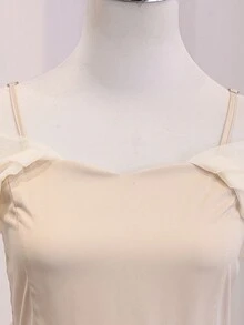 Teen Girls Apricot Off-Shoulder Spaghetti Strap Satin & Mesh Patchwork Elegant Multi-Layer Cake Dress, Lightweight Soft Fabric, Suitable For Vacation, Graduation, Back To School, Wedding Season, Formal Parties And Events - Apricot - View 5