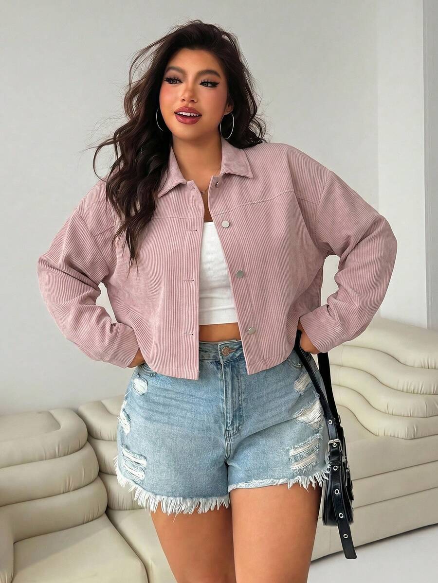 SHEIN EZwear Jaket Lotus Pink Ukuran Plus Wanita untuk Musim Gugur - Dusty Pink - View 1