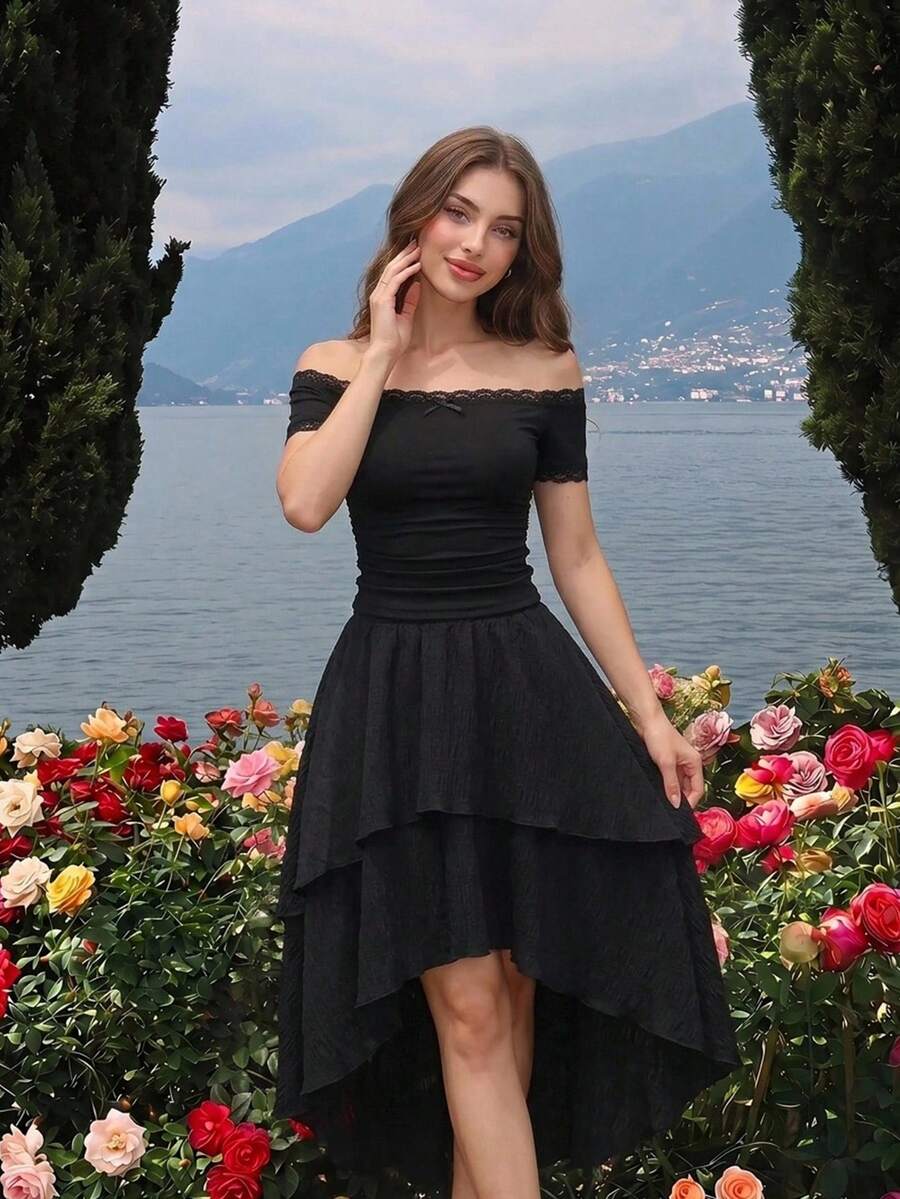 SHEIN MOD 女士黑色蕾丝拼接露肩修身短袖T恤 - 黑色 - 查看 1