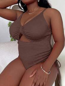Slaydiva Traje de baño de una pieza de unicolor con diseño calado para tallas grandes - Café integral - Ver 6
