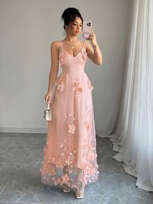 SHEIN PariChic 浪漫花卉网纱长裙，适合生日、婚礼宾客、新娘礼服等场合 - Sugar Pink - 查看 7
