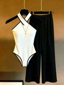 Franclia Women's New Contrast Color Trim Halter Jumpsuit Casual Suit - Black and White - View 5