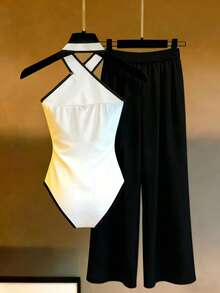 Franclia Women's New Contrast Color Trim Halter Jumpsuit Casual Suit - Black and White - View 2