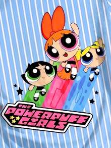 THE POWERPUFF GIRLS X SHEIN GraphicGems 青少年女孩夏季短袖藍白條紋卡通印花洋裝 - 藍色 - 查看 3