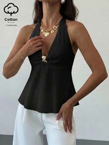 Aloruh Women's Linen Metal Decor Waist A-Line Shirt, Spring/Summer,Summer Top - Black - View 8